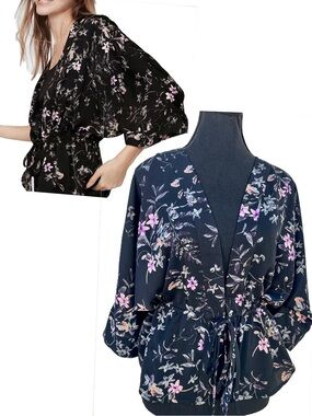 NEW Express Kimono Top‎ Sz S Tie Front Cinch Waist Black Purple Floral Coquette